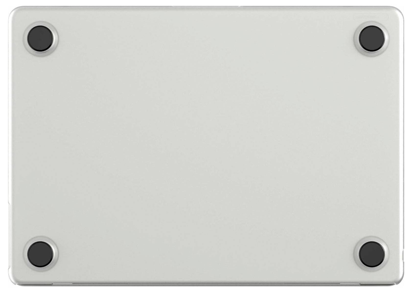 Ein silbernes rechteckiges Gerät oder Panel von oben betrachtet, mit vier schwarzen kreisförmigen Füßen oder Schrauben in der Nähe der Ecken.