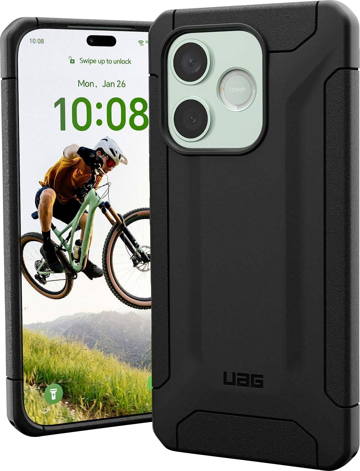 Schwarze UAG-Schutzhandyhülle von vorne und hinten auf einem Smartphone gezeigt, mit erhöhten Ecken und großer Dual-Kamera-Aussparung.