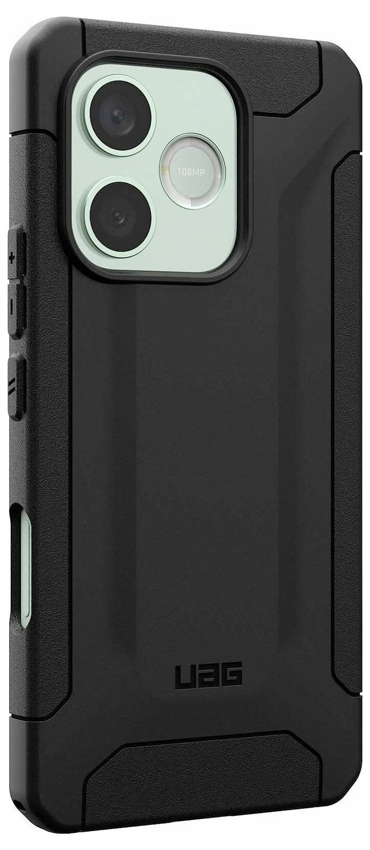 Schwarze UAG-Schutzsmartphone-Schutzhülle mit erhöbenem Kameraausschnitt und mintgrünem Akzent um das Dreifach-Linsen-Kameramodul.