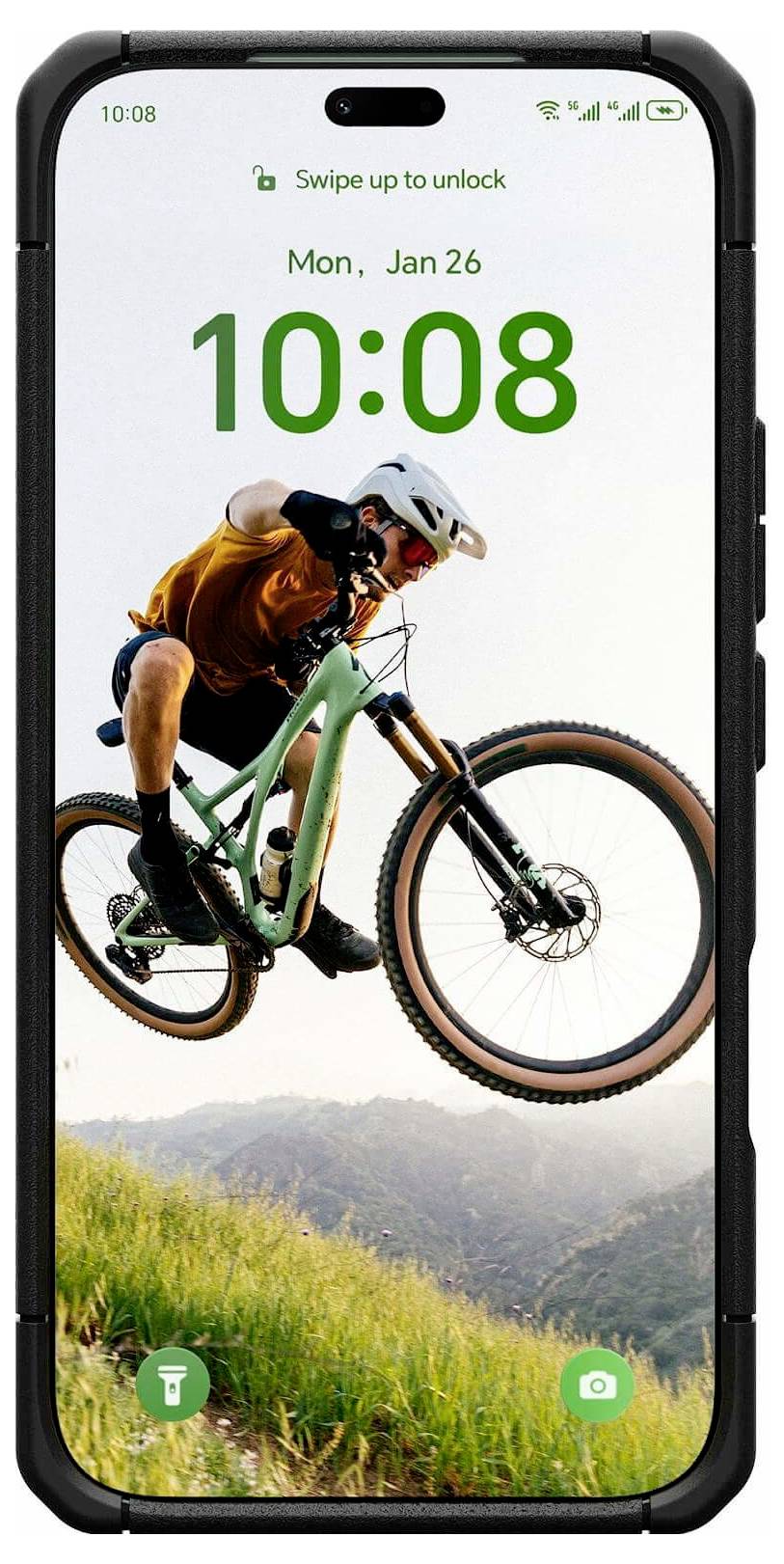 Android-Sperrbildschirm mit einem Mountainbiker mitten im Sprung, der Uhrzeit 10:08 und dem Datum Mo, 26. Jan; Nach oben wischen zum Entsperren.