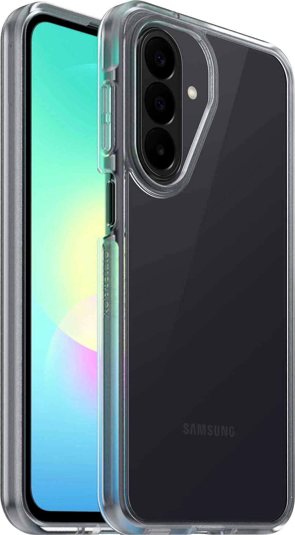 Samsung-Smartphone von vorne und hinten mit einer transparenten Schutzhülle dargestellt, wobei die Kameraaussparung und das schlanke, durchscheinende Design hervorgehoben werden.