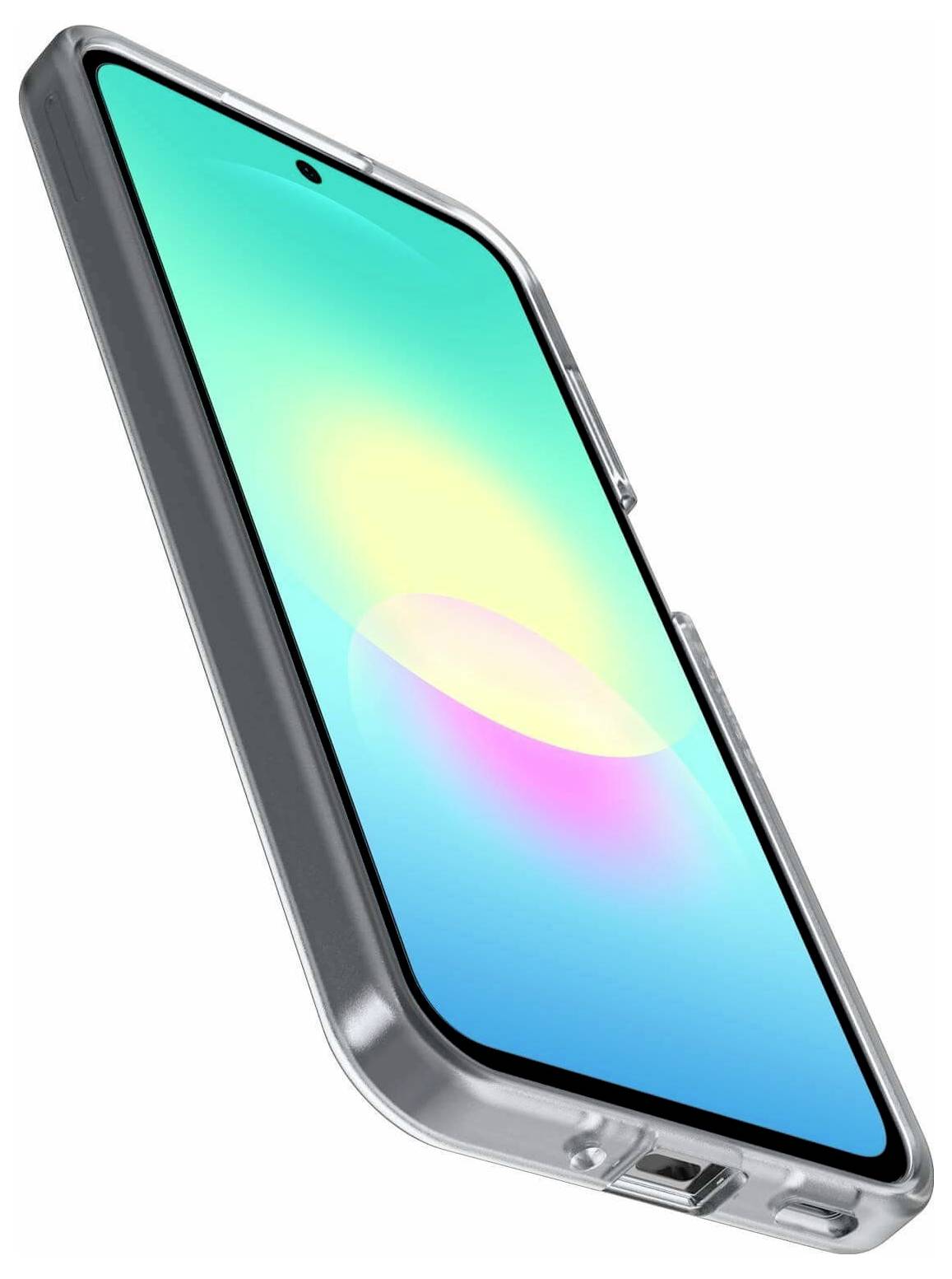 Ein Smartphone in einer transparenten Schutzhülle in schräger Ansicht, mit hellem Cyan-Bildschirm und zentrierter Frontkamera-Aussparung.