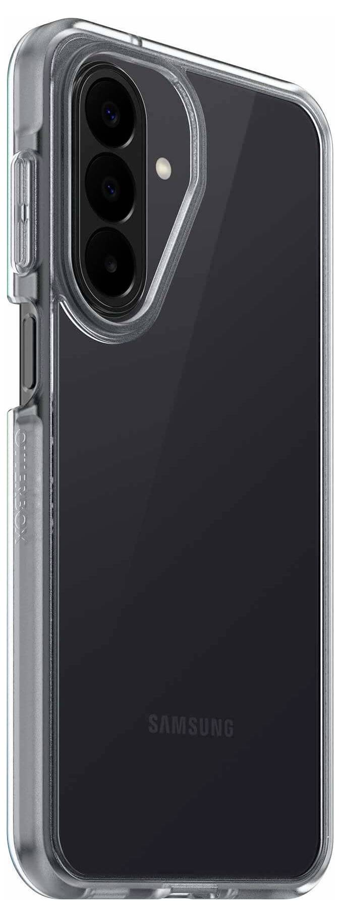 Transparente Schutzhülle auf einem Samsung-Smartphone, die die rückseitige Dreifach-Kamera-Ausschnitt und glänzende dunkle Rückseite zeigt.