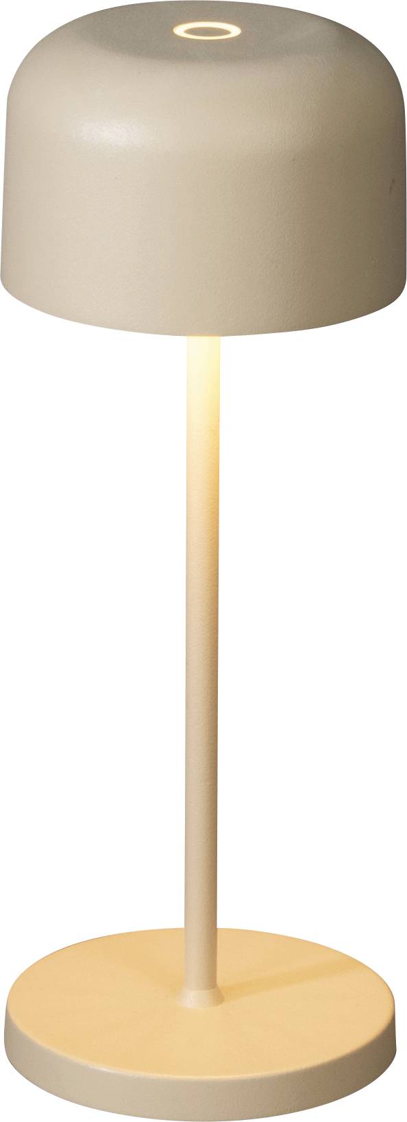 Beige Tischleuchte mit abgerundetem Schirm, schlankem Schaft und runder Basis auf weißem Hintergrund.