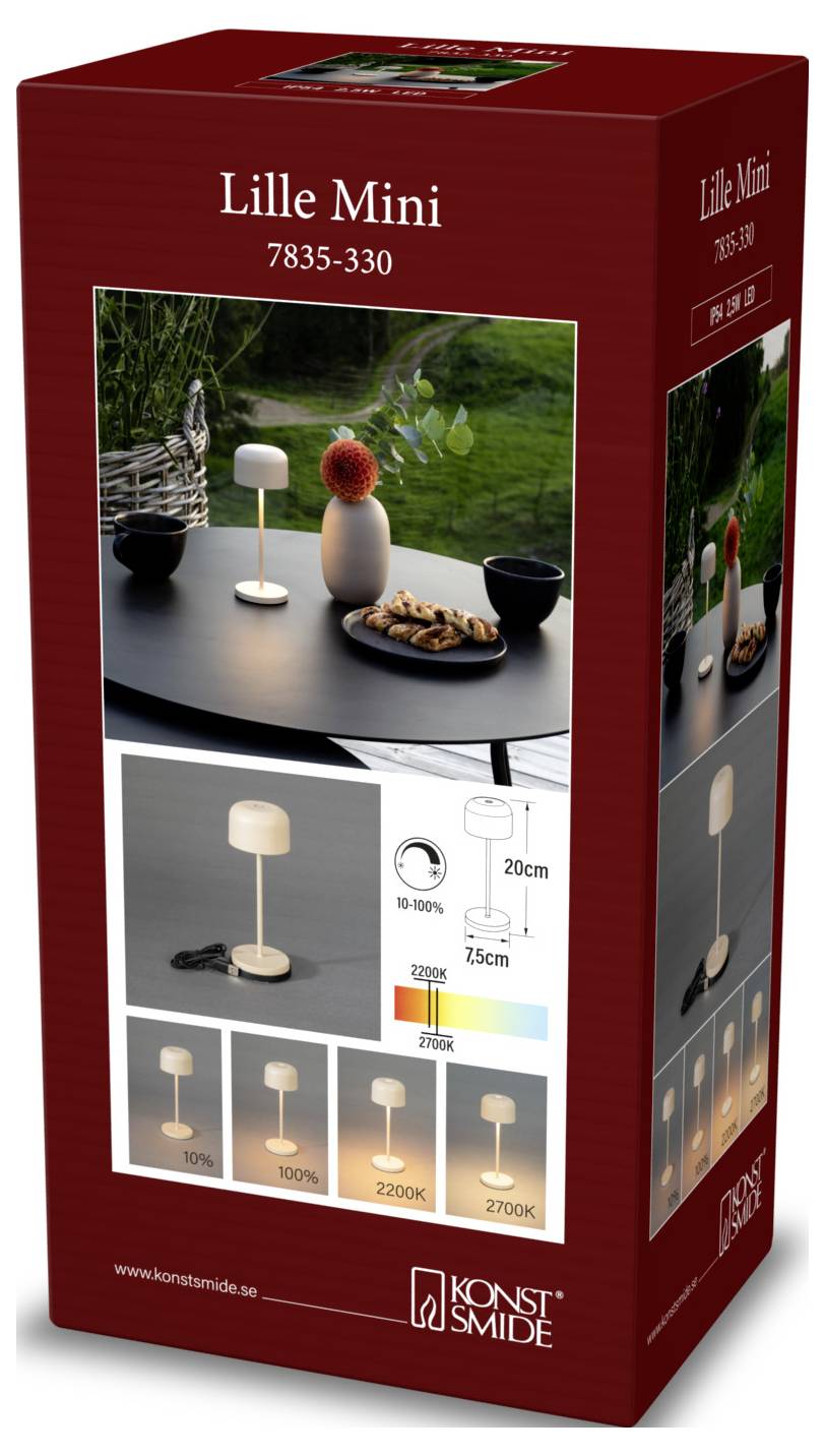 Produktbox für die tragbare Tischleuchte „Lille Mini" von Konst Smide, mit Lampenfotos und Einstellungen für Helligkeit/Farbe, mit einer Höhe von 20 cm angegeben.