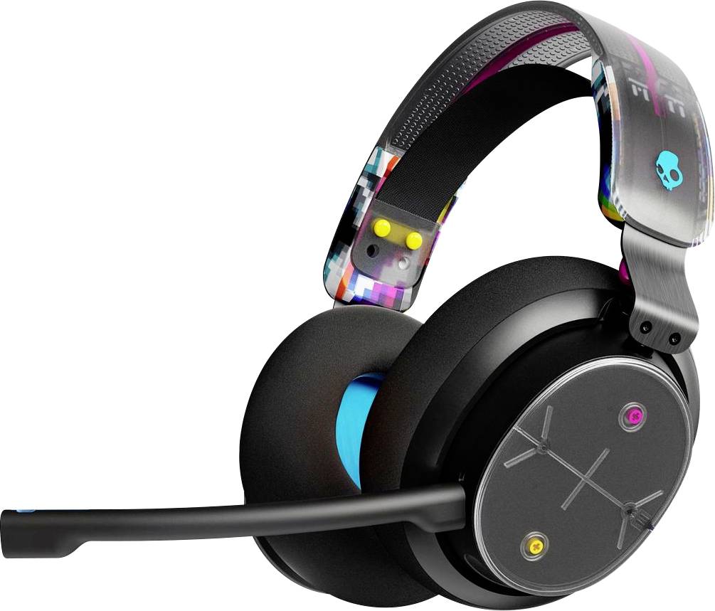 Ein Gaming-Kopfhörer mit schwarzem Over-Ear-Design, Boom-Mikrofon und farbenfrohem gemustertem Kopfbügel, gezeigt auf weißem Hintergrund.