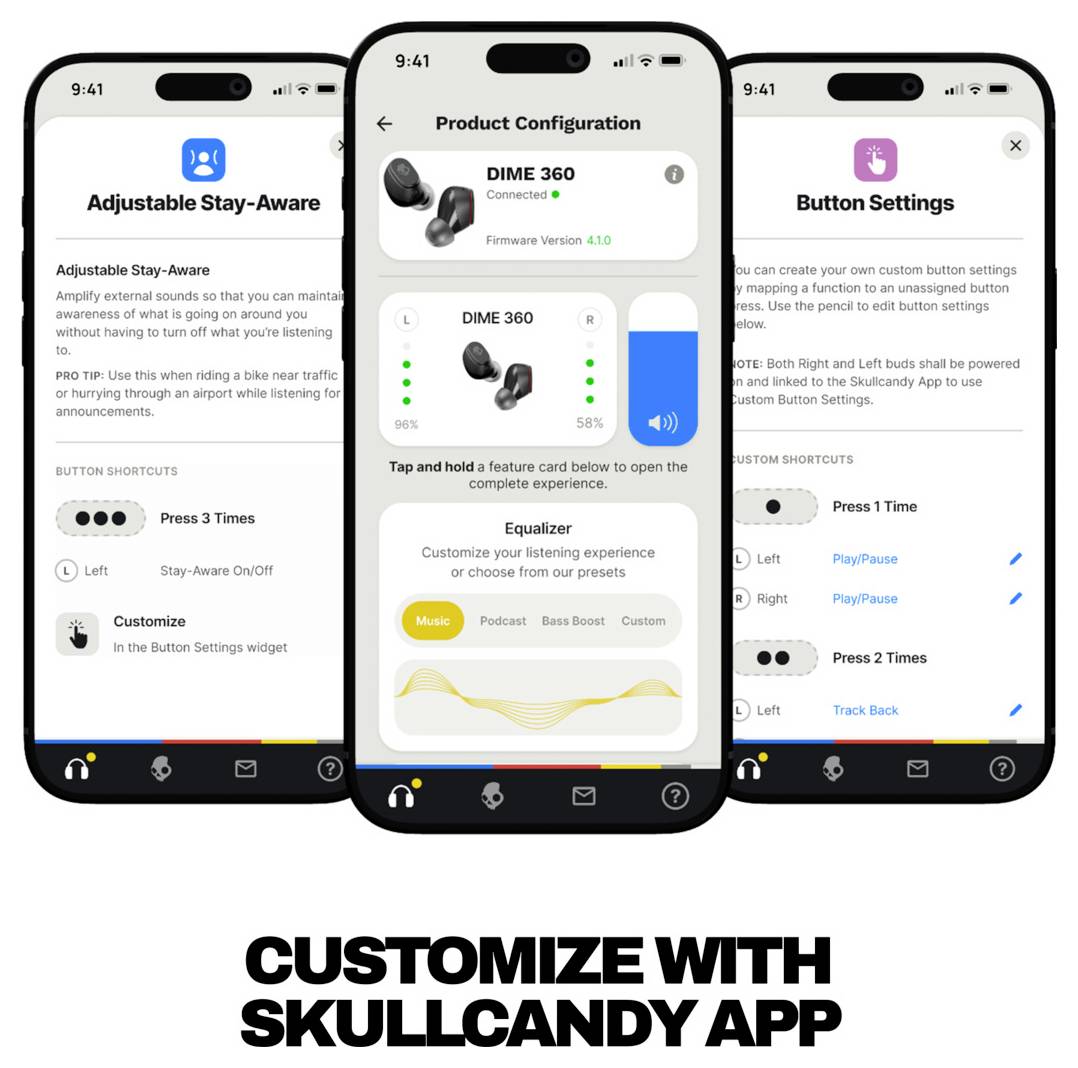 Werbegrafik mit drei Smartphone-Bildschirmen der Skullcandy-App für anpassbares Bewusstsein, Produktkonfiguration und Schaltflächeneinstellungen, mit der Bildunterschrift „MIT SKULLCANDY-APP ANPASSEN".