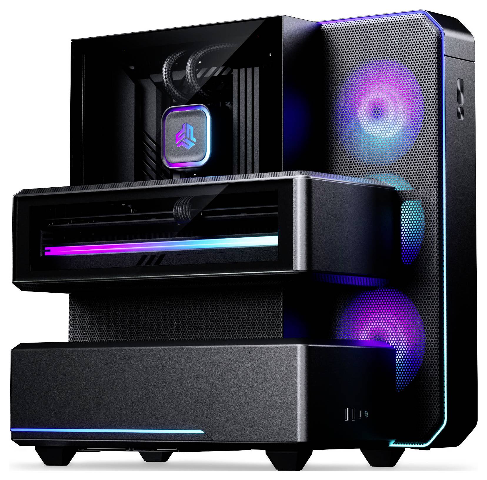 Ein schwarzes Gaming-Desktop-PC-Gehäuse mit RGB-beleuchteten Kühlerlüftern und leuchtenden vorderen Akzenten, abgebildet auf weißem Hintergrund.