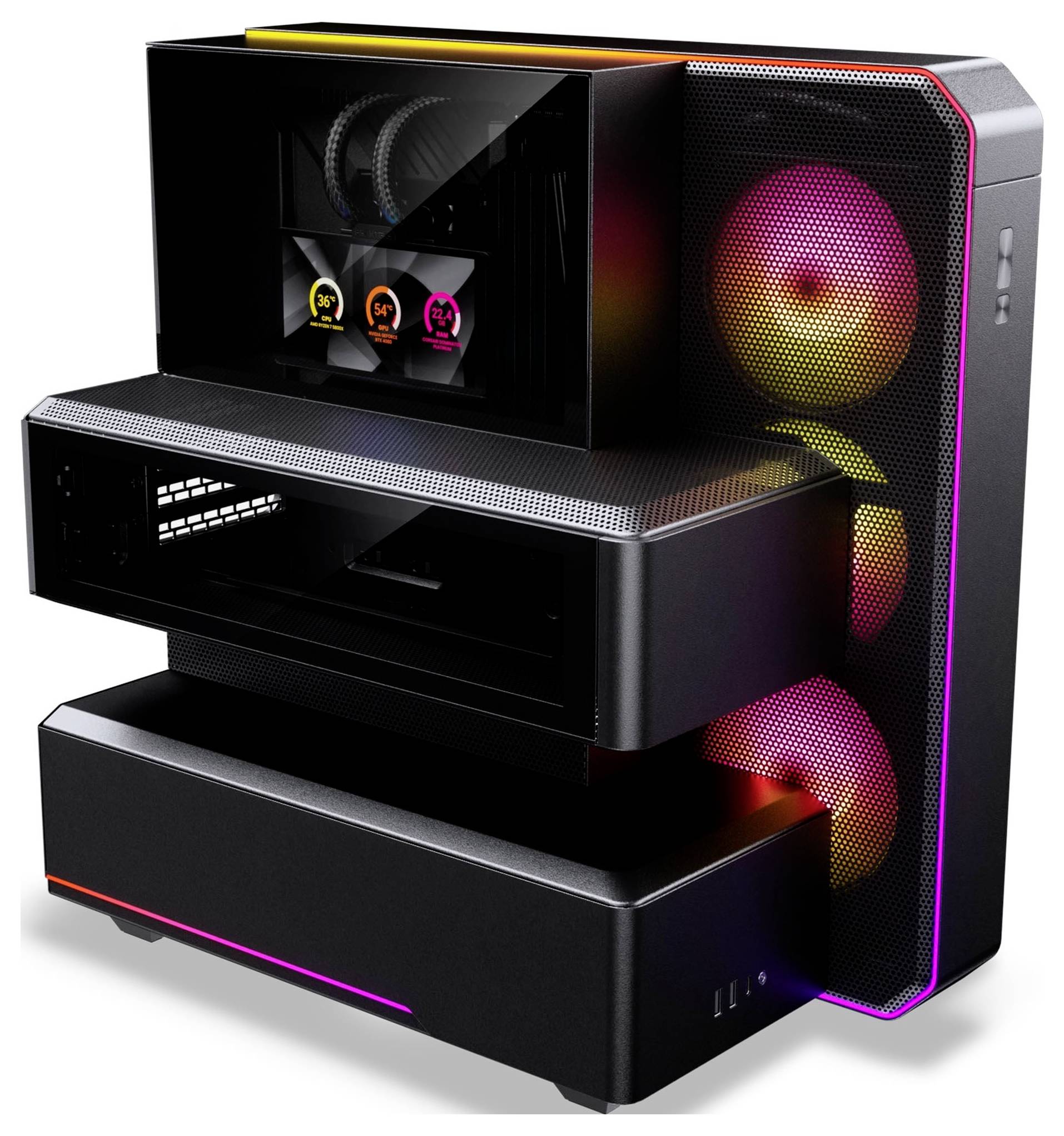 Futuristisches modulares PC-Gehäuse mit RGB-beleuchteten Lüftern und transparentem Top-Display, in Schwarz mit schlankem gestapeltem Design dargestellt.