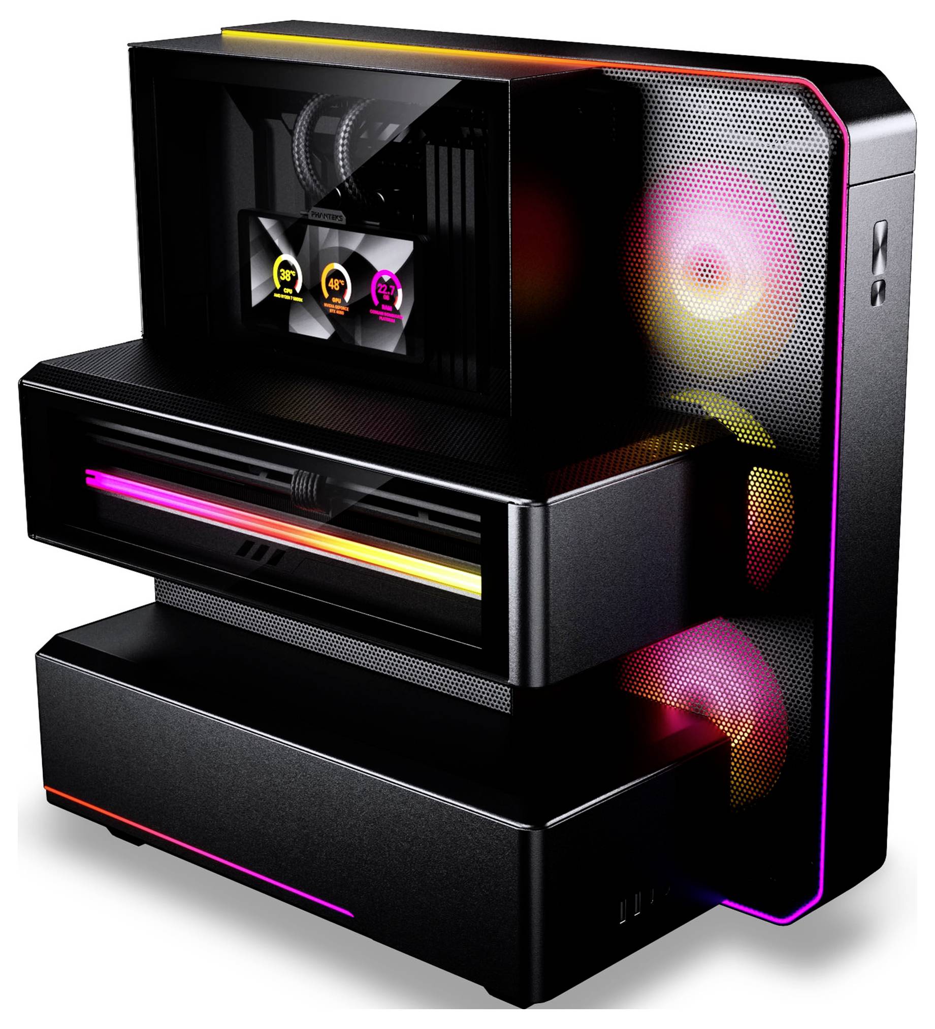 Modularer schwarzer PC-Tower mit gestapelten Abschnitten, RGB-beleuchteten Lüftern und einem transparenten oberen Gehäuse, das die internen Komponenten zeigt.