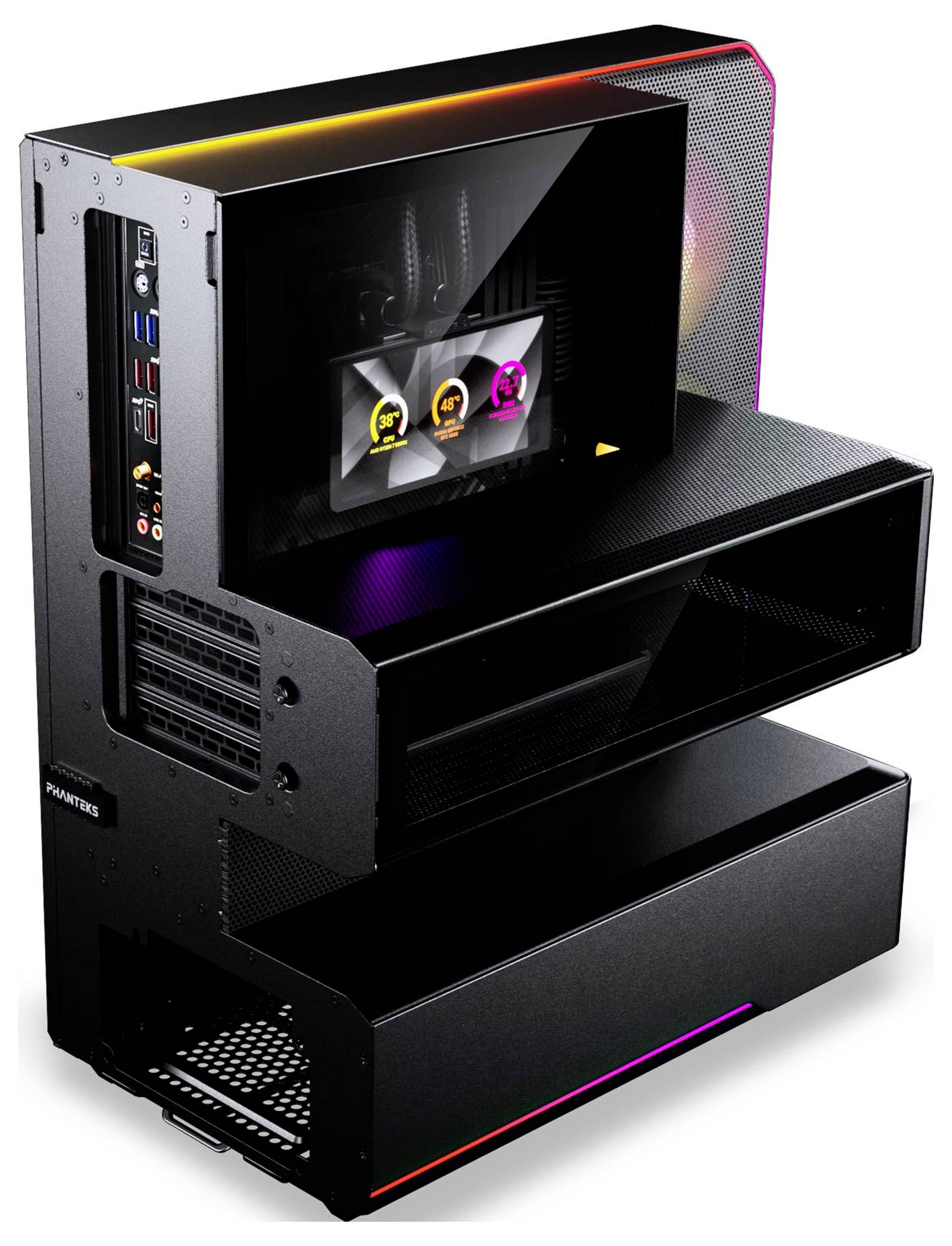 Futuristisches schwarzes Desktop-PC-Gehäuse mit gestapelten Fächern, RGB-Beleuchtung, Seitenfenster, vorderer Mesh-Platte und sichtbarem internem Display.