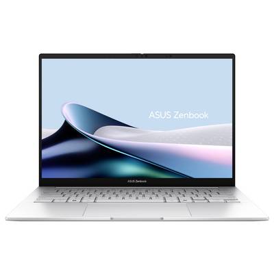 ASUS Zenbook Laptop, aufgeklappt, zeigt ein minimalistisches blau-rosa abstraktes Hintergrundbild auf dem Bildschirm.