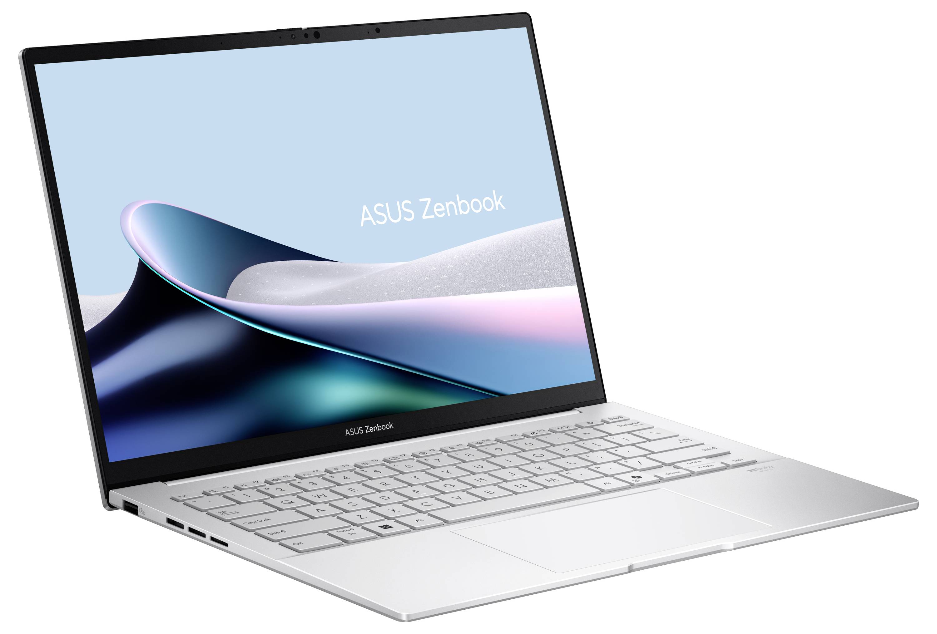 Silberner ASUS Zenbook Laptop in einem Winkel geöffnet, der ein hellblaues Hintergrundbild mit "ASUS Zenbook" auf dem Bildschirm zeigt.