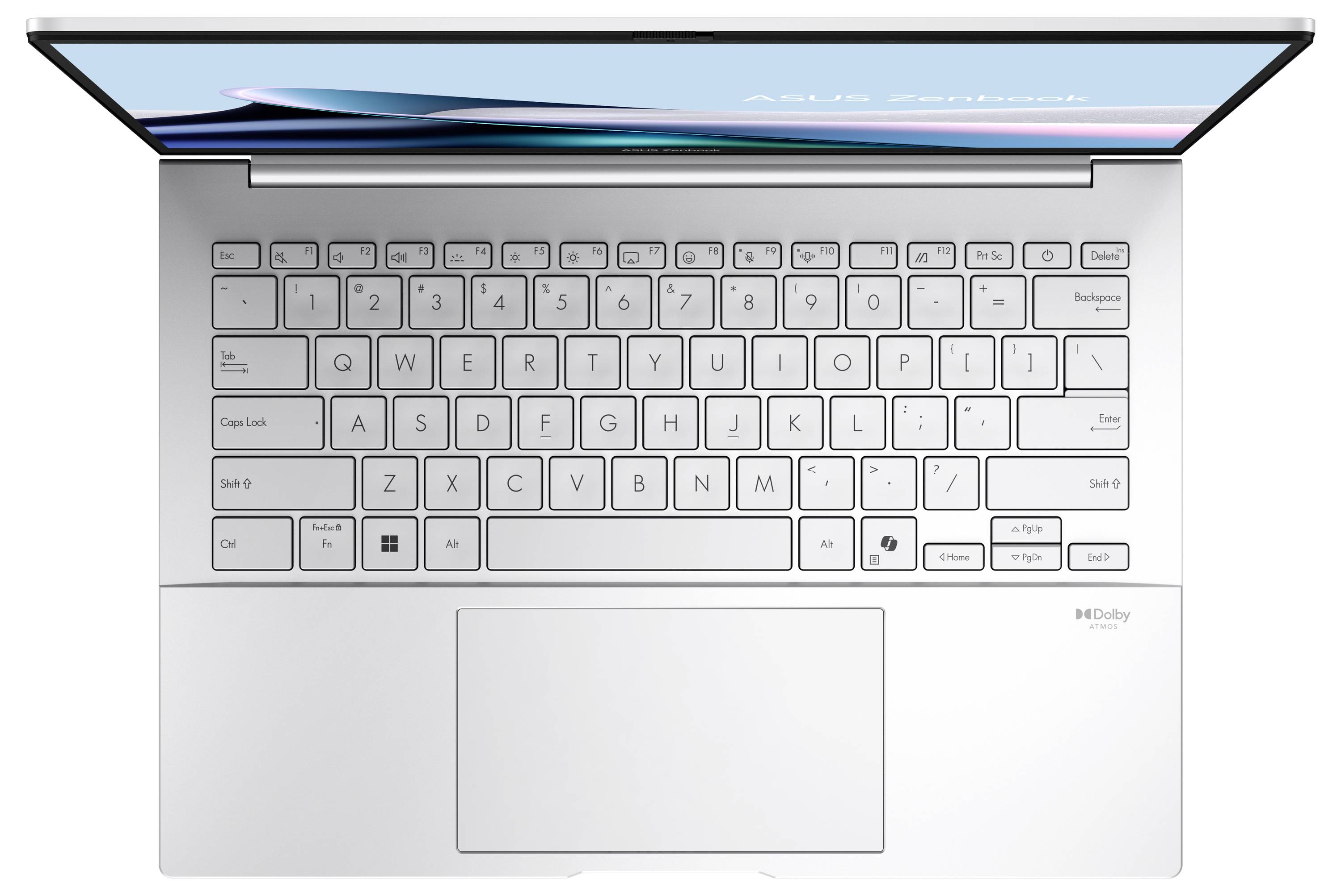 Draufsicht auf einen silbernen Laptop mit weißer Tastatur und großem Touchpad, Bildschirm leicht geöffnet.