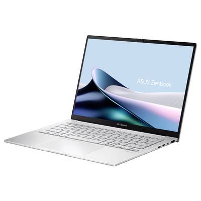 Silberner ASUS Zenbook Laptop, geöffnet in einem Winkel dargestellt, mit hellblauem Bildschirm, auf dem das Logo „ASUS Zenbook" angezeigt wird.