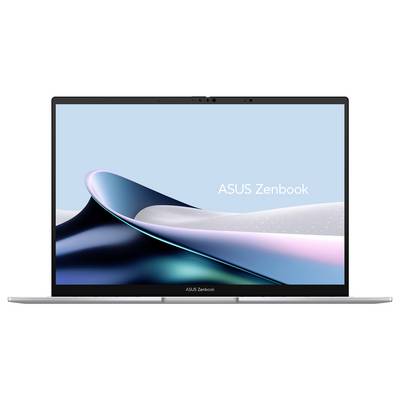 ASUS Zenbook Laptop aufgeklappt mit einem blauen abstrakten Hintergrundbild auf dem Bildschirm.