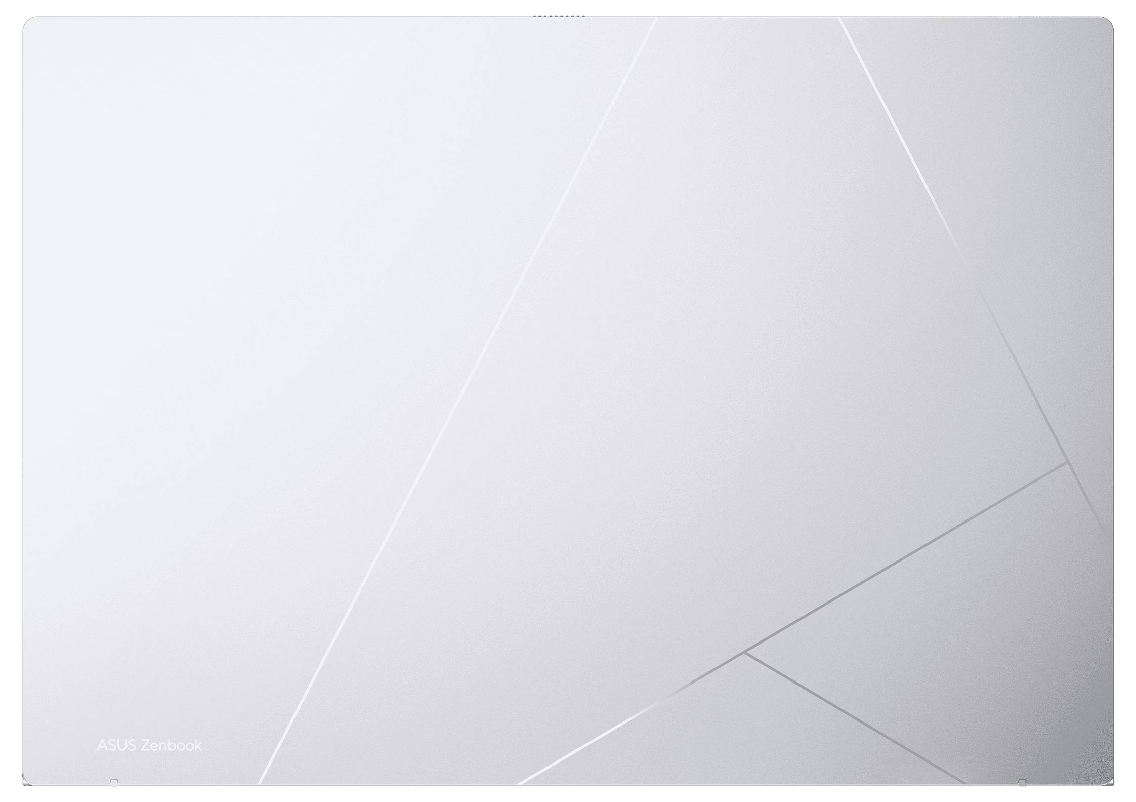 Minimalistischer hellgrauer abstrakter geometrischer Hintergrund mit kantigen Diagonallinien und subtiler "ASUS Zenbook"-Schrift in der unteren linken Ecke.