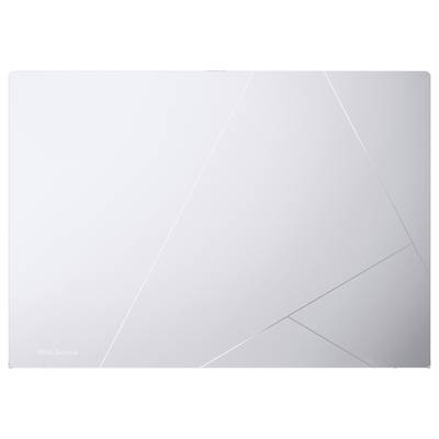 Minimalistischer hellgrauer abstrakter geometrischer Hintergrund mit kantigen Diagonallinien und subtiler "ASUS Zenbook"-Schrift in der unteren linken Ecke.