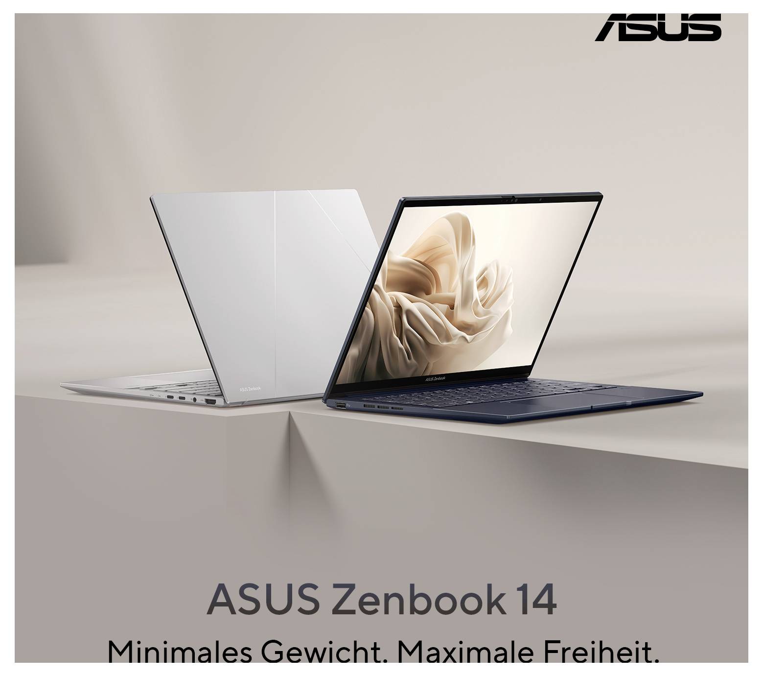 ASUS Zenbook 14 Laptop-Anzeige mit zwei ultradünnen Laptops, einer davon aufgeklappt mit einem beigen abstrakten Bildschirm, mit dem Text „ASUS Zenbook 14" und „Minimales Gewicht. Maximale Freiheit."