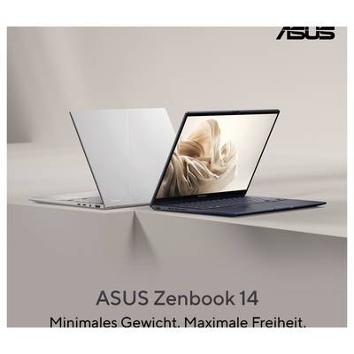 ASUS Zenbook 14 Laptop-Anzeige mit zwei ultradünnen Laptops, einer davon aufgeklappt mit einem beigen abstrakten Bildschirm, mit dem Text „ASUS Zenbook 14" und „Minimales Gewicht. Maximale Freiheit."