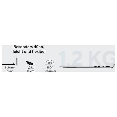 Schlanker Laptop in Seitenansicht, der ein 14,9 mm dünnes, 1,2 kg leichtes Design und eine 180°-Scharnieröffnung hervorhebt.