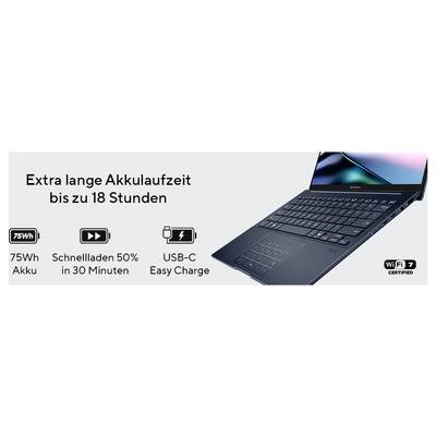 Laptop-Anzeige mit Fokus auf besonders lange Akkulaufzeit bis zu 18 Stunden, 75-Wh-Akku, schnelles Aufladen auf 50% in 30 Minuten und USB-C einfaches Laden.