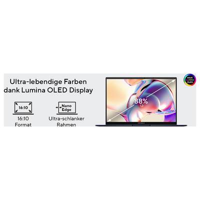 Laptop-Display-Anzeige mit ultralebendigen Farben, 16:10-Format, ultraflaches NanoEdge-Rahmen und 88% Bildschirm-zu-Gehäuse-Verhältnis mit ASUS OLED-Branding.
