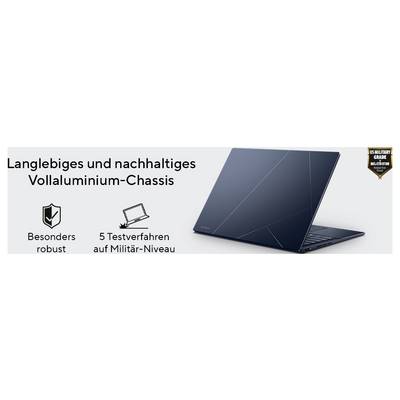 Langlebiges und nachhaltiges Vollaluminium-Chassis für einen Laptop, mit Hinweisen auf besondere Robustheit und 5 Testverfahren auf Militär-Niveau.