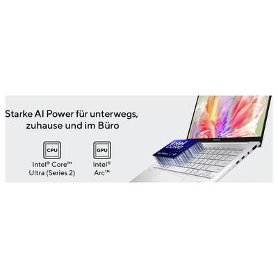 Laptop-Werbung, die starke KI-Leistung für unterwegs, zuhause und im Büro bewirbt, mit Intel Core Ultra (Serie 2) CPU- und Intel Arc GPU-Abzeichen und dem Text „Starke KI-Power für unterwegs, zuhause und im Büro".