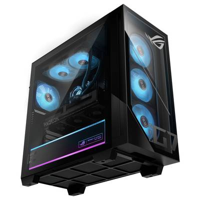 Gaming-Desktop-PC-Tower mit transparentem Seitenpanel, RGB-beleuchteten blauen Lüftern, sichtbarer Radeon-Grafikkarte und ROG-Logo