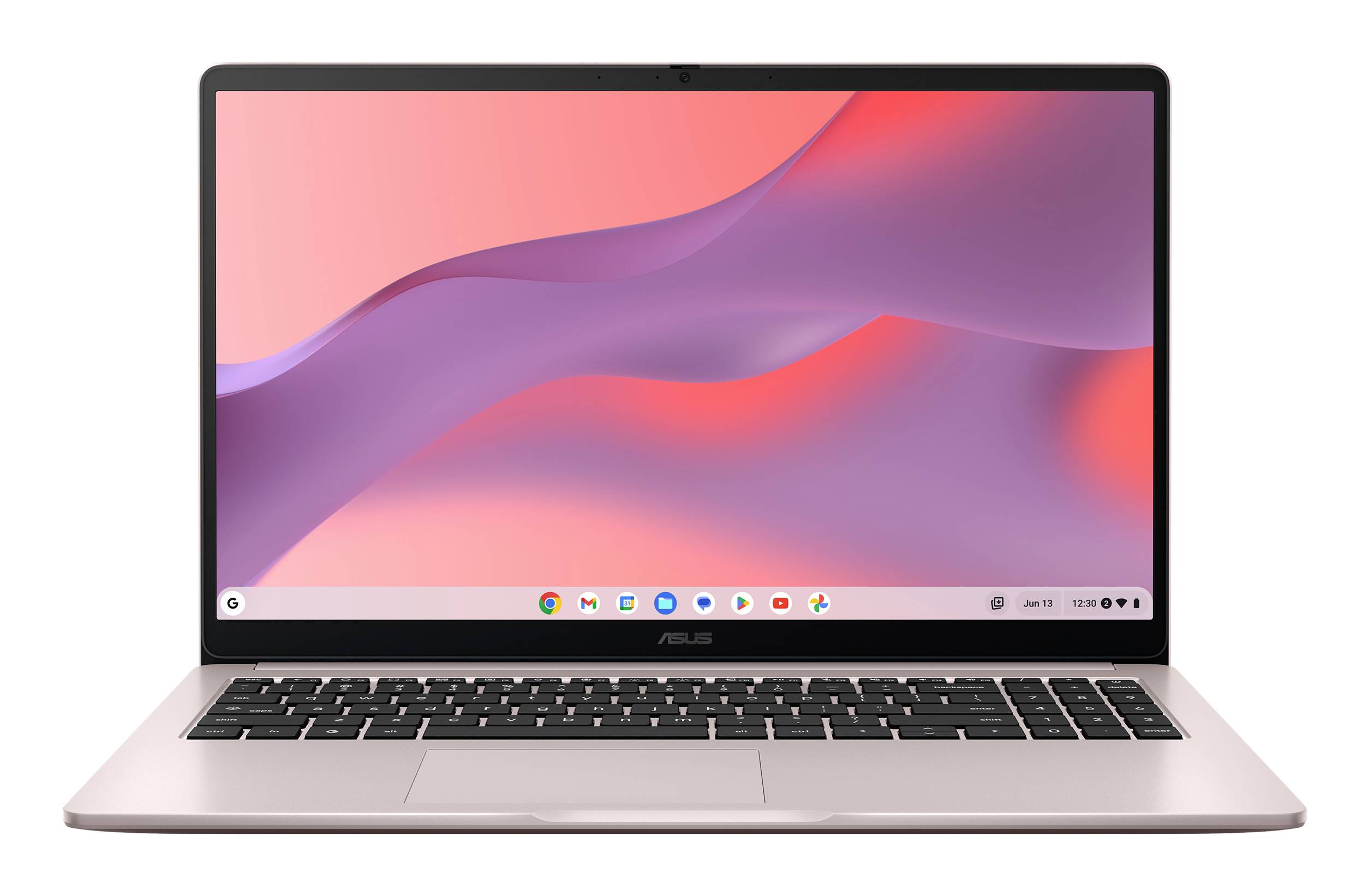 Offenes Laptop mit einem rosa-violetten abstrakten Hintergrundbild auf dem Bildschirm und dem sichtbaren Chrome OS-Regal.