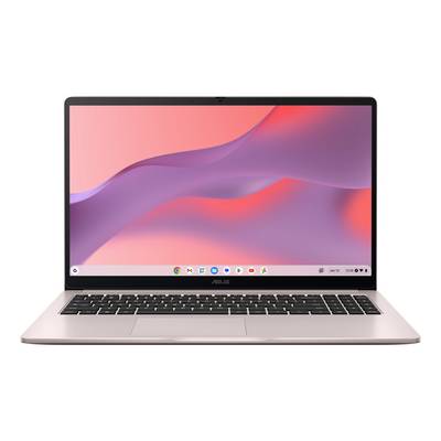Offenes Laptop mit einem rosa-violetten abstrakten Hintergrundbild auf dem Bildschirm und dem sichtbaren Chrome OS-Regal.