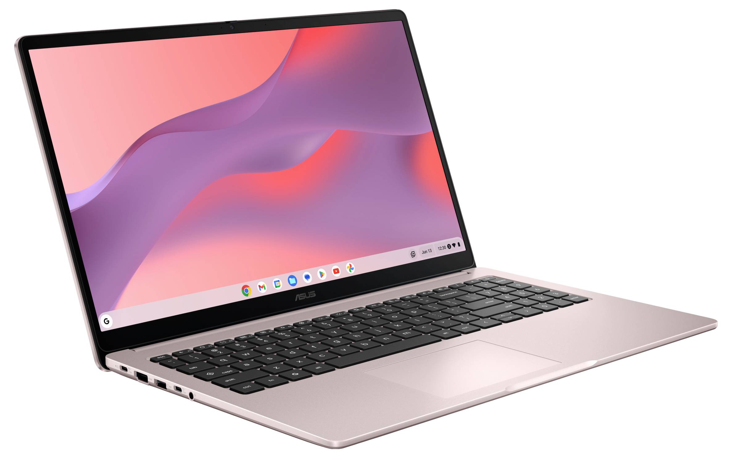 Rosa ASUS-Laptop, aufgeklappt in einem Winkel dargestellt, mit großem Display und schwarzer Tastatur auf weißem Hintergrund.