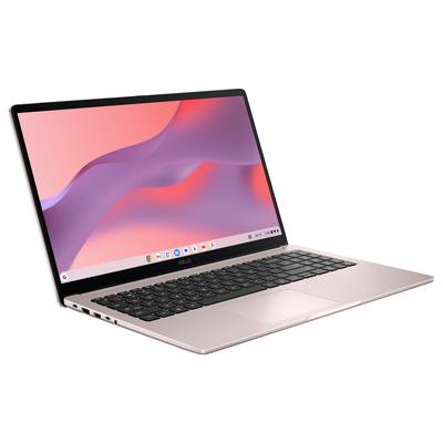 Rosa ASUS-Laptop, aufgeklappt in einem Winkel dargestellt, mit großem Display und schwarzer Tastatur auf weißem Hintergrund.