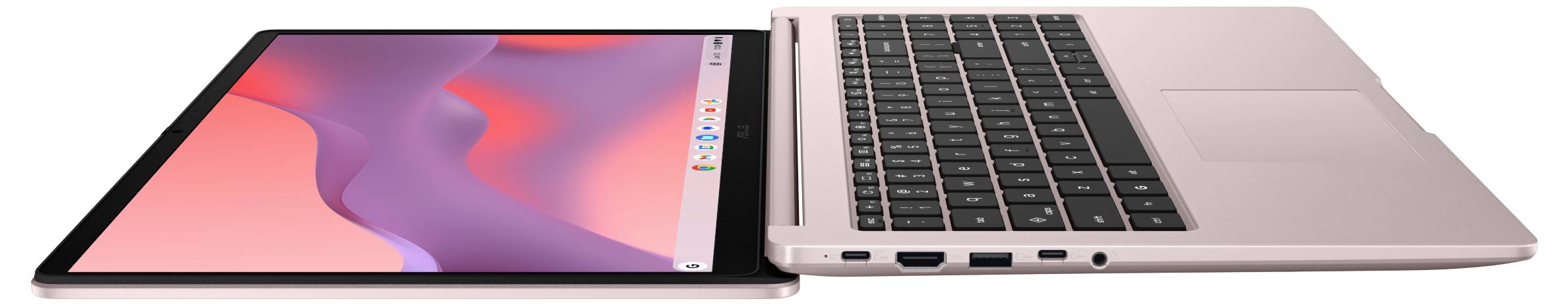 Seitenansicht eines rosa Laptops, der neben einem Tablet teilweise flach eingeklappt ist, mit abnehmbarer Tastatur und Touchscreen-Display.