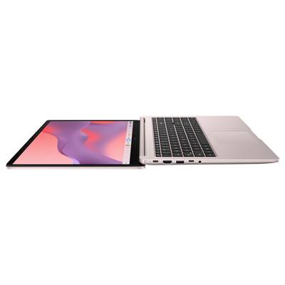Seitenansicht eines rosa Laptops, der neben einem Tablet teilweise flach eingeklappt ist, mit abnehmbarer Tastatur und Touchscreen-Display.