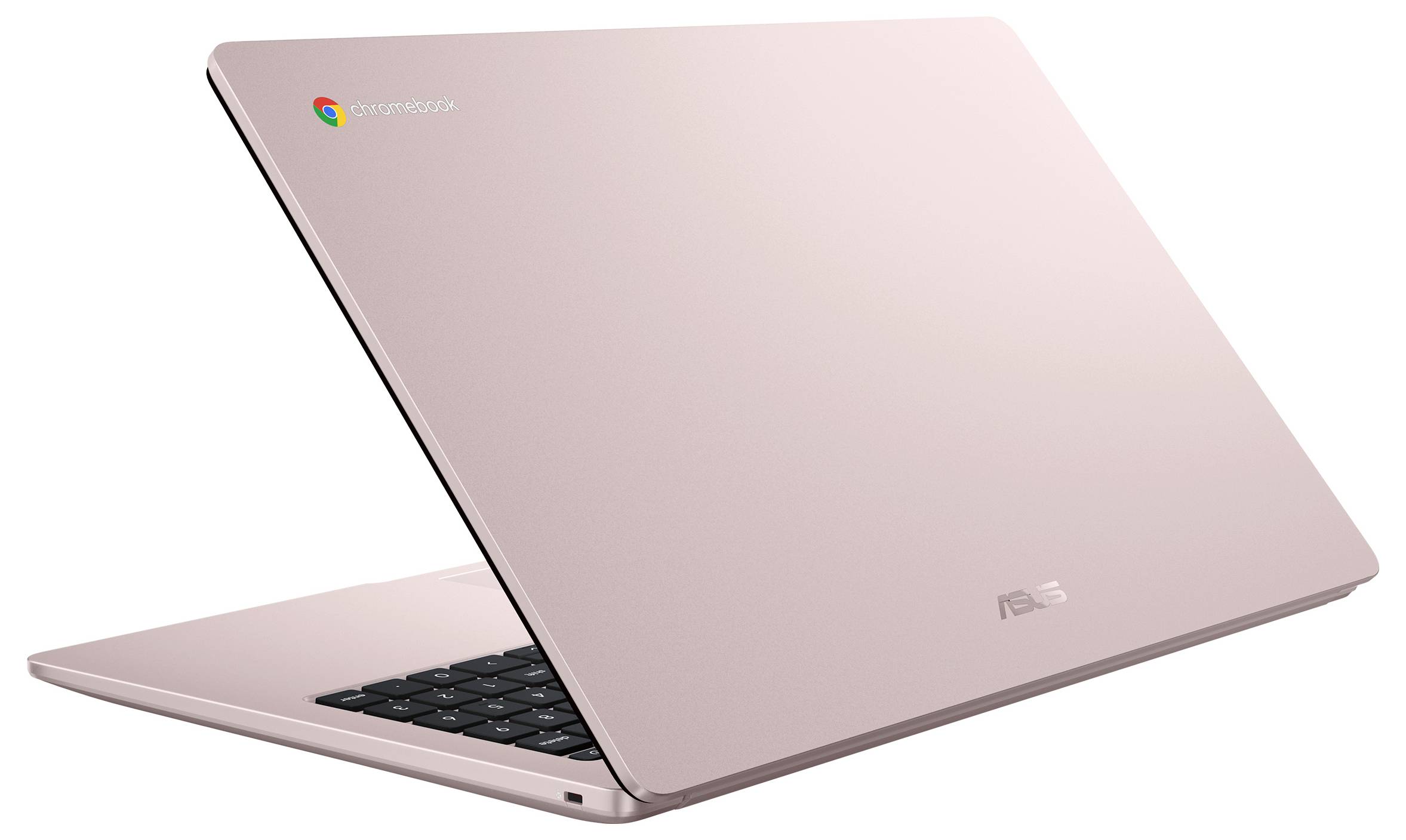 Rosa ASUS-Laptop, teilweise offen auf weißem Hintergrund, mit Tastatur und Deckellogo sichtbar.
