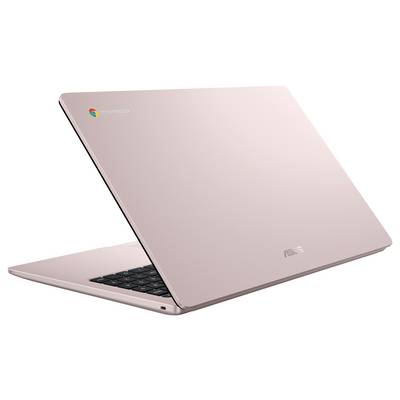 Rosa ASUS-Laptop, teilweise offen auf weißem Hintergrund, mit Tastatur und Deckellogo sichtbar.