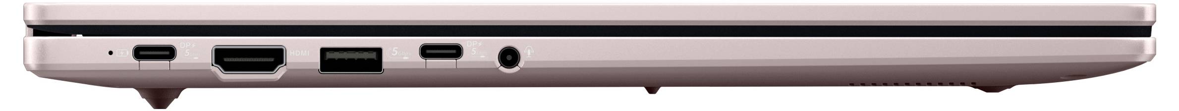 Seitenansicht eines geschlossenen rosé-goldenen Laptops mit dünnem Profil und Anschlüssen an der Unterkante.