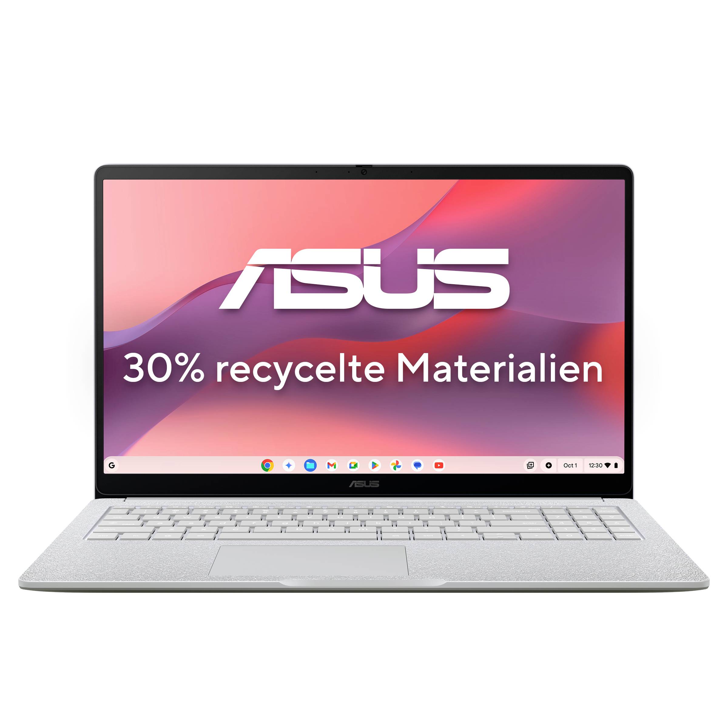 ASUS Laptop von vorne gezeigt mit Bildschirmtext „30% recycelte Materialien" auf einem rosa-roten Farbverlaufshintergrund.