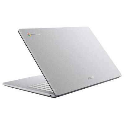 Silbernes Asus Chromebook Laptop, teilweise geöffnet, auf weißem Hintergrund gezeigt.
