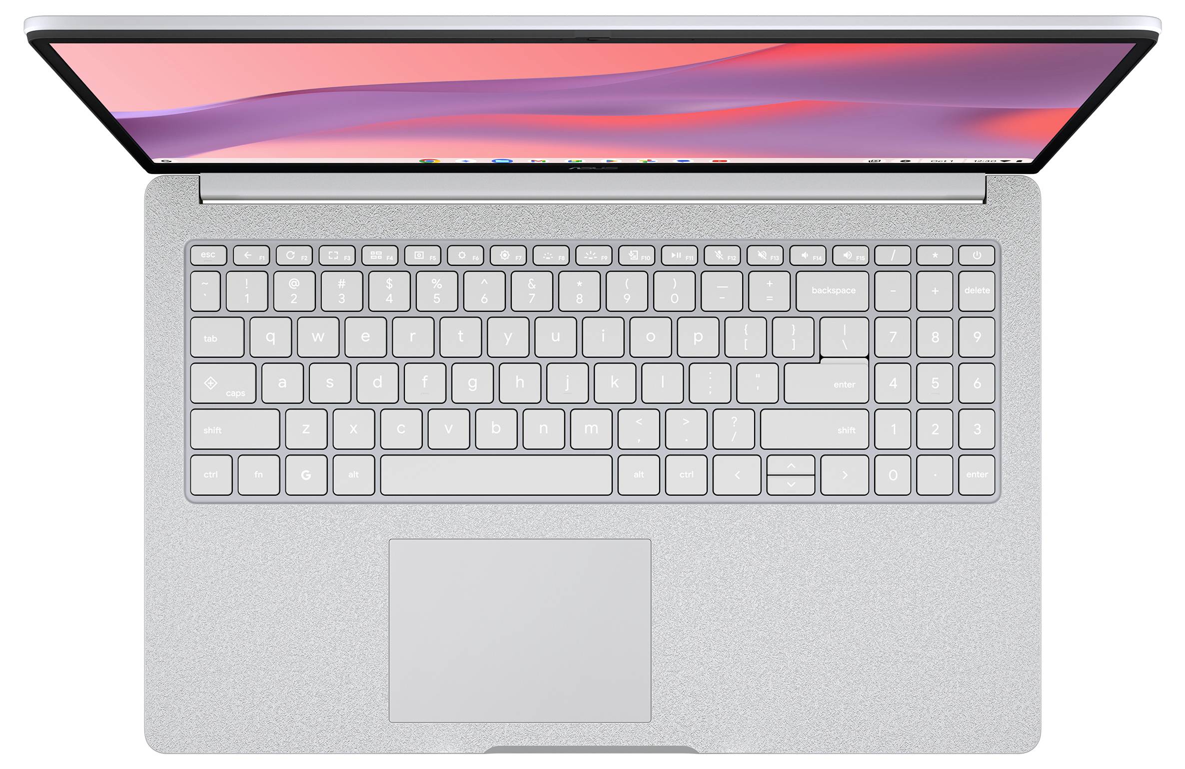 Draufsicht eines offenen silbernen Laptops mit großer Tastatur und zentriertem Trackpad, auf dem ein farbiges Bildschirmbild angezeigt wird.