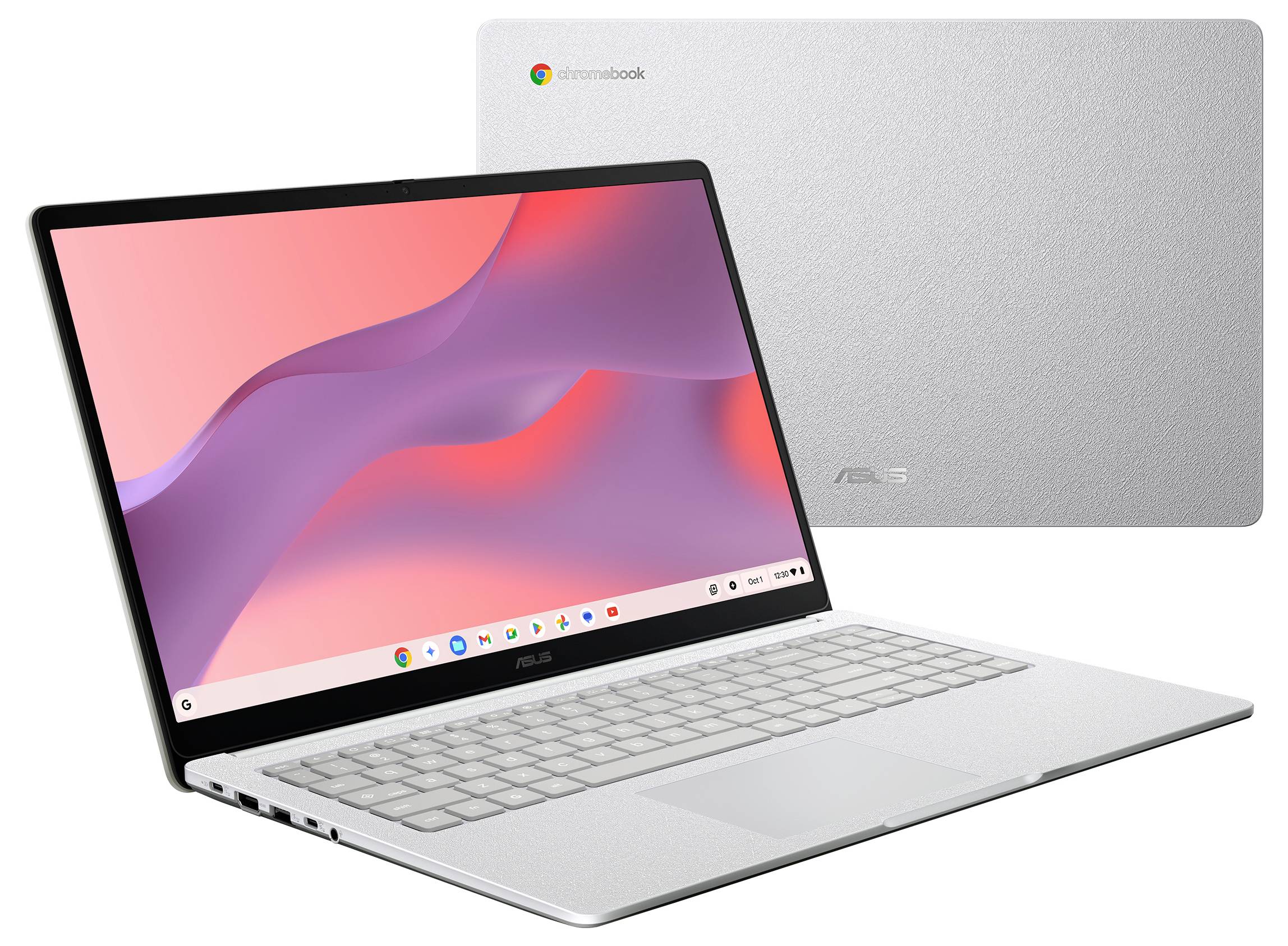 Silbernen ASUS Chromebook Laptop mit rosa Hintergrundbild, angewinkelt vor dem geschlossenen Deckel gezeigt.
