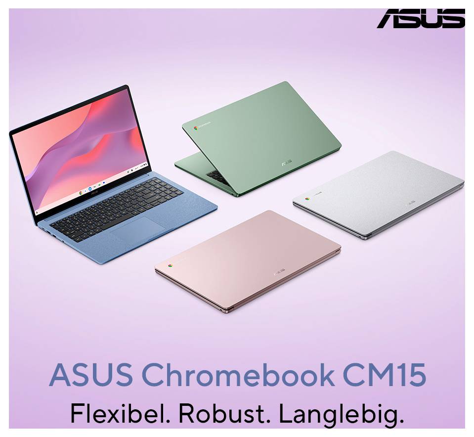ASUS Chromebook CM15 Laptops in Blau, Grün, Silber und Rosa auf einem pastellfarbenen Hintergrund, mit dem Text „ASUS Chromebook CM15" und „Flexibel. Robust. Langlebig."