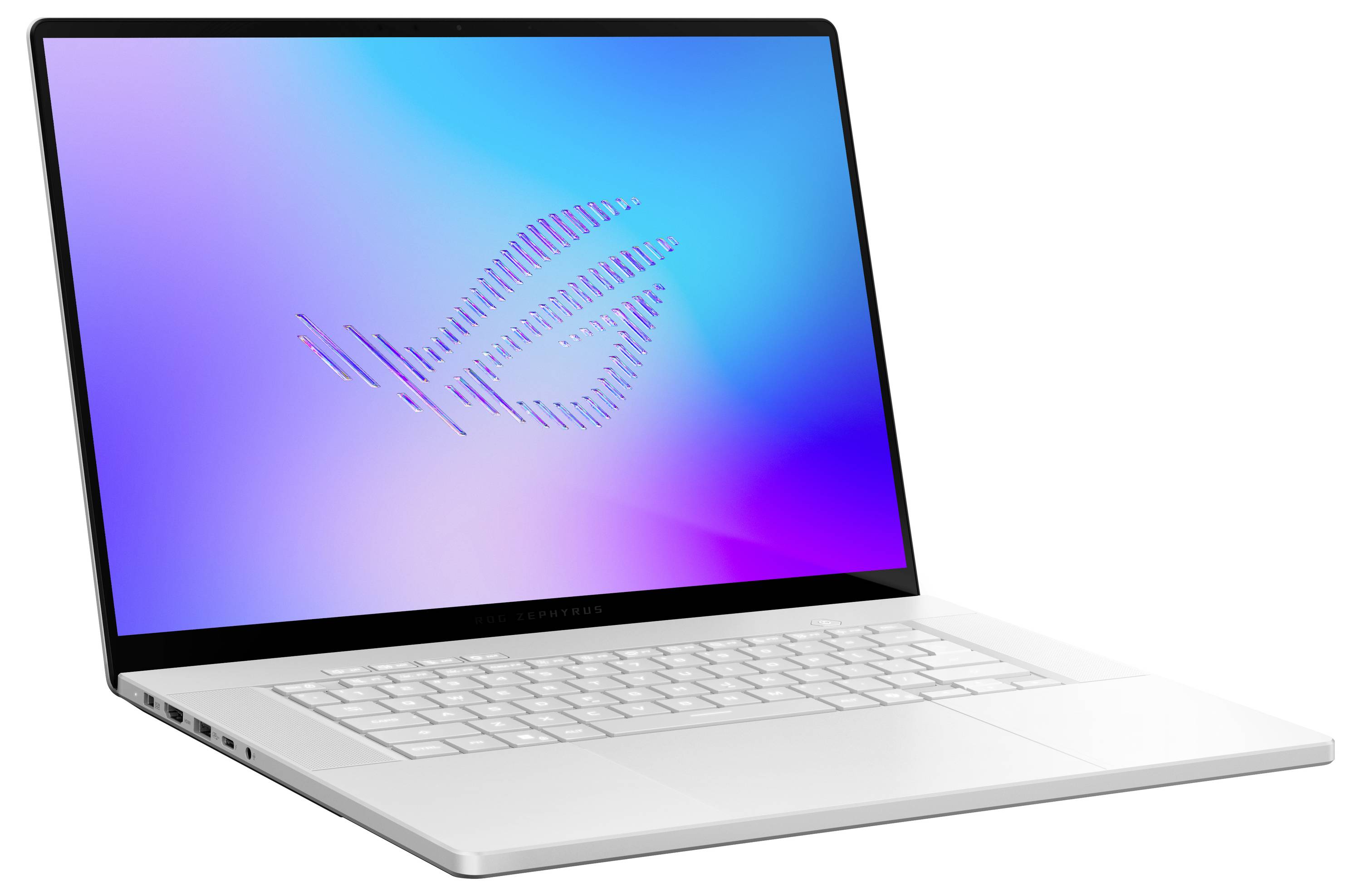 Silberner Laptop mit einem bunten Farbverlauf-Display, das das ROG-Logo zeigt, angewinkelt auf einem weißen Hintergrund geöffnet.