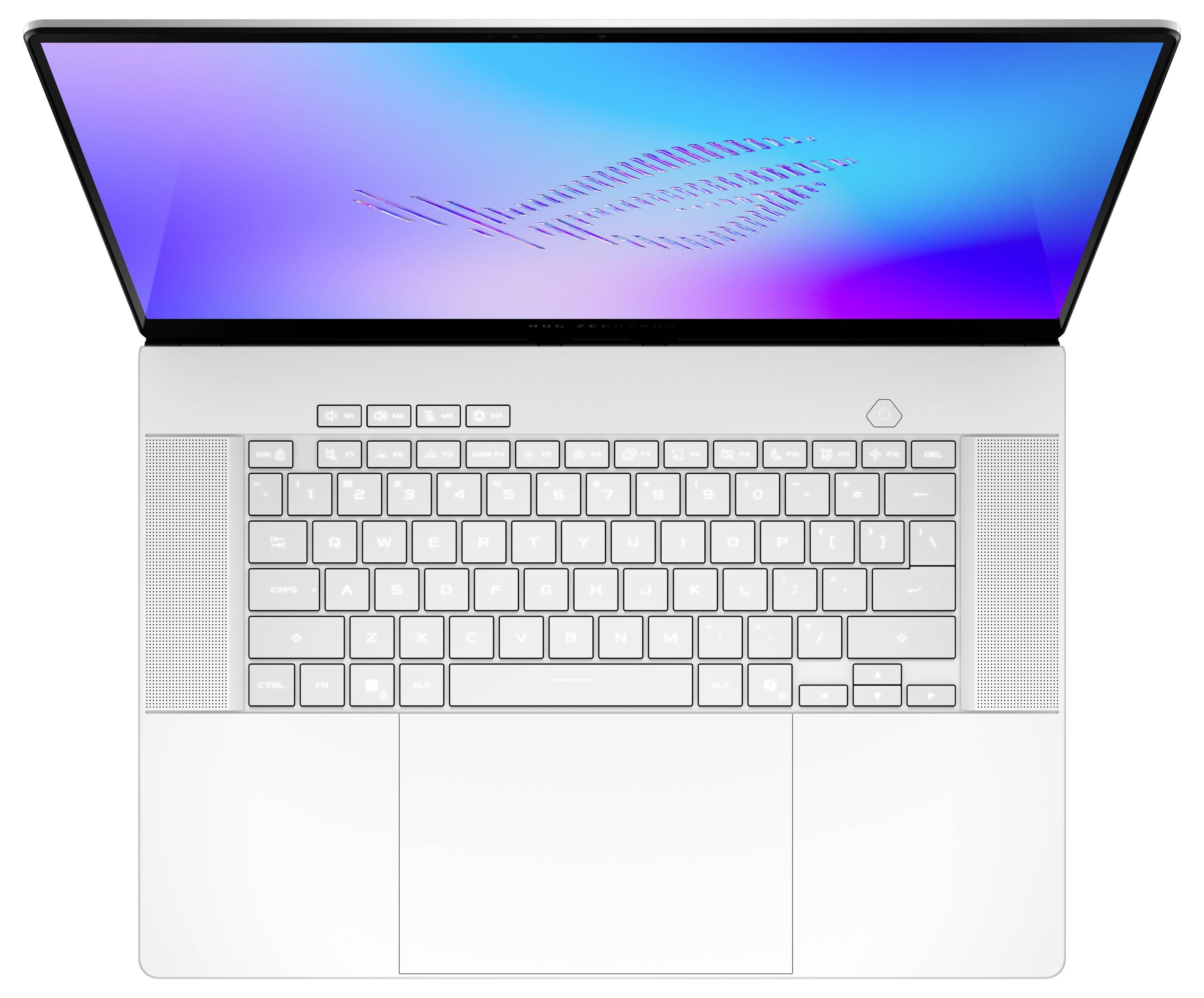 Offener silberner Laptop von oben betrachtet, mit einem farbenfrohen blau-violetten Bildschirm und weißer Tastatur mit großem zentriertem Trackpad.