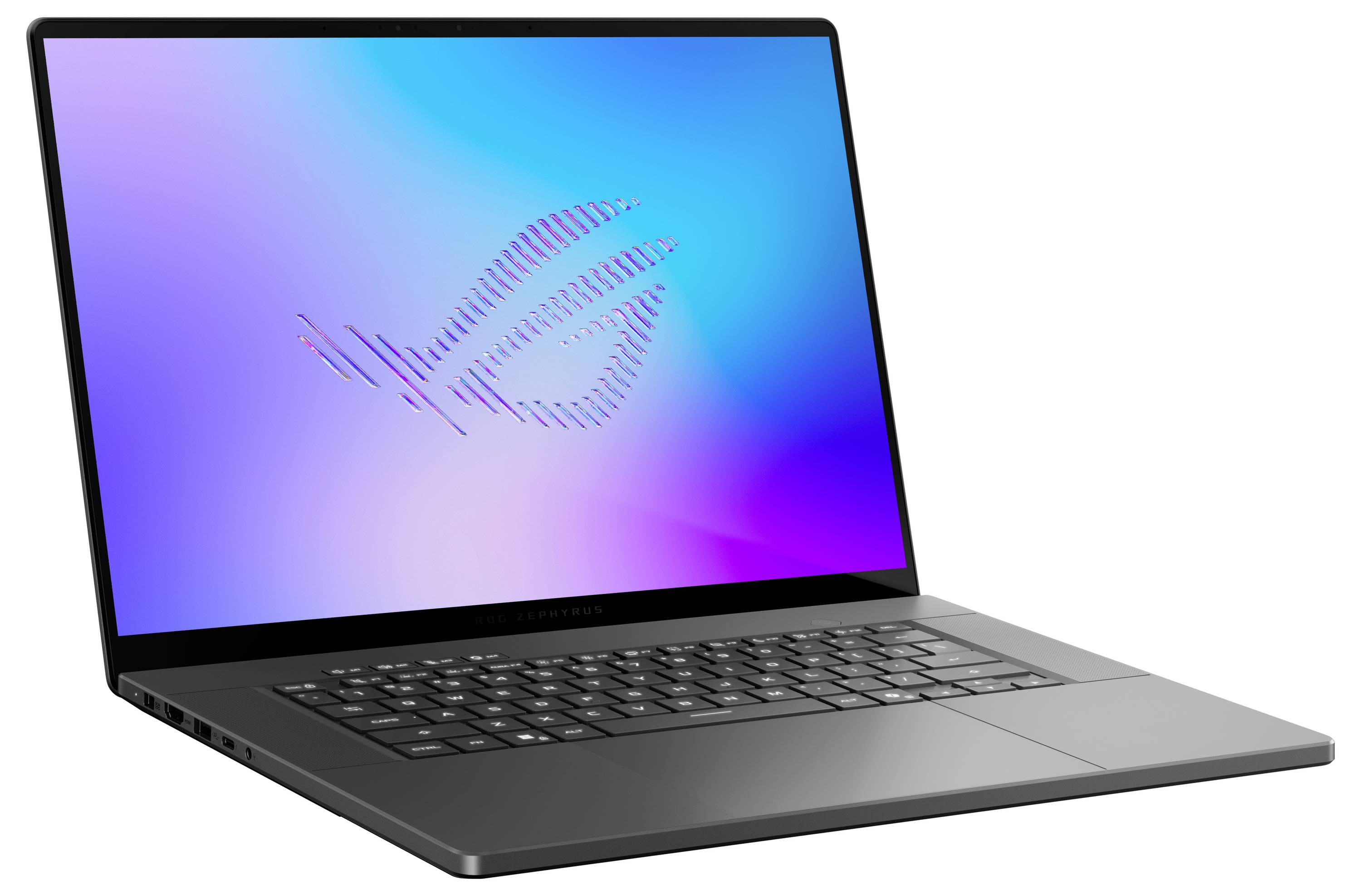 Ein schwarzer ASUS ROG Gaming-Laptop, der in einem Winkel offen angezeigt wird, mit dem ROG-Logo auf einem blauvioletten Verlaufbildschirm.