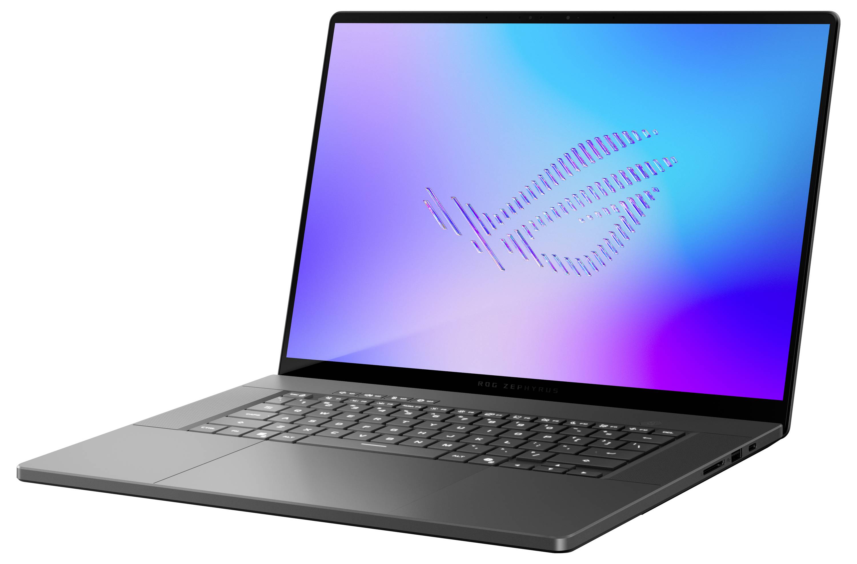 Ein schlanker grauer Laptop, der in einem Winkel geöffnet ist und einen blauvioletten Bildschirm mit dem ASUS ROG-Logo zeigt.