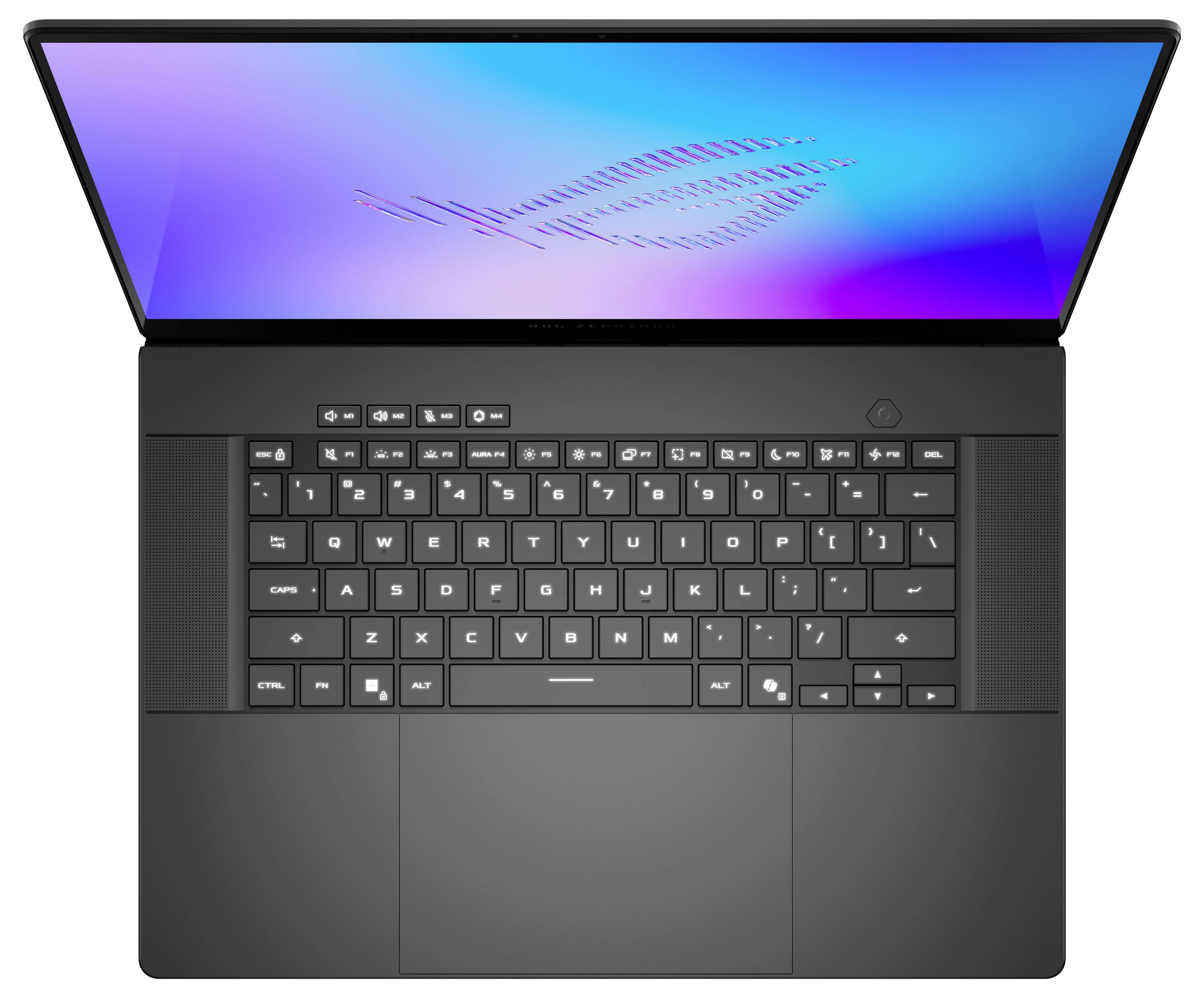 Offener Laptop mit einem farbenfrohen blauvioletten Bildschirm und dunkler Tastatur, von oben auf einem einfachen Hintergrund gezeigt.