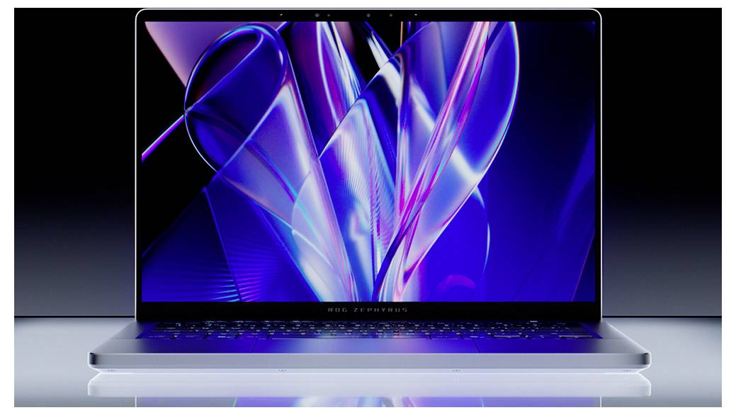 Ein silberner Laptop zeigt auf seinem Bildschirm ein lebendiges abstraktes Blau- und Violett-Lichtwellen-Hintergrundbild, das auf einer glänzenden Oberfläche zentriert ist.